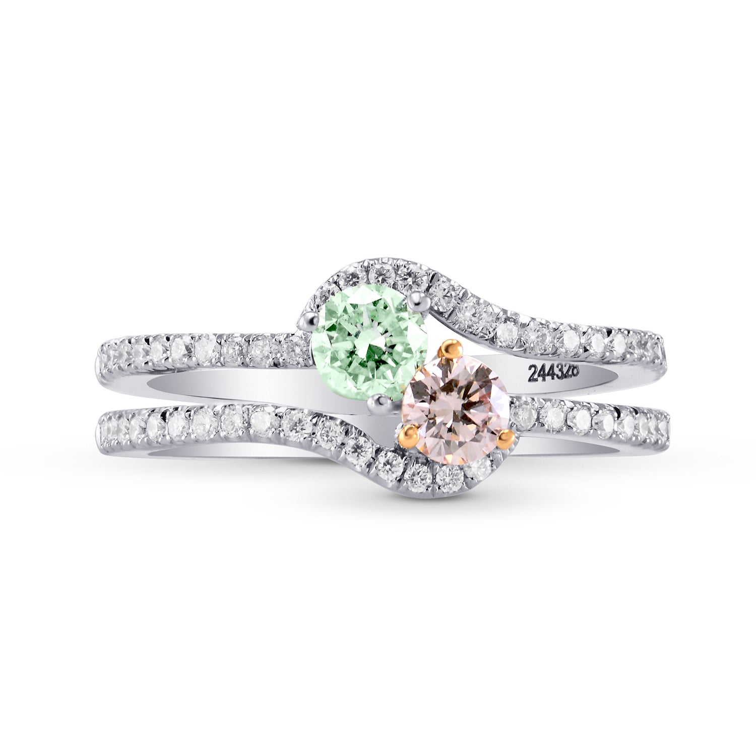 Argyle Pink & Green Diamond Two Stone Crossover Ring