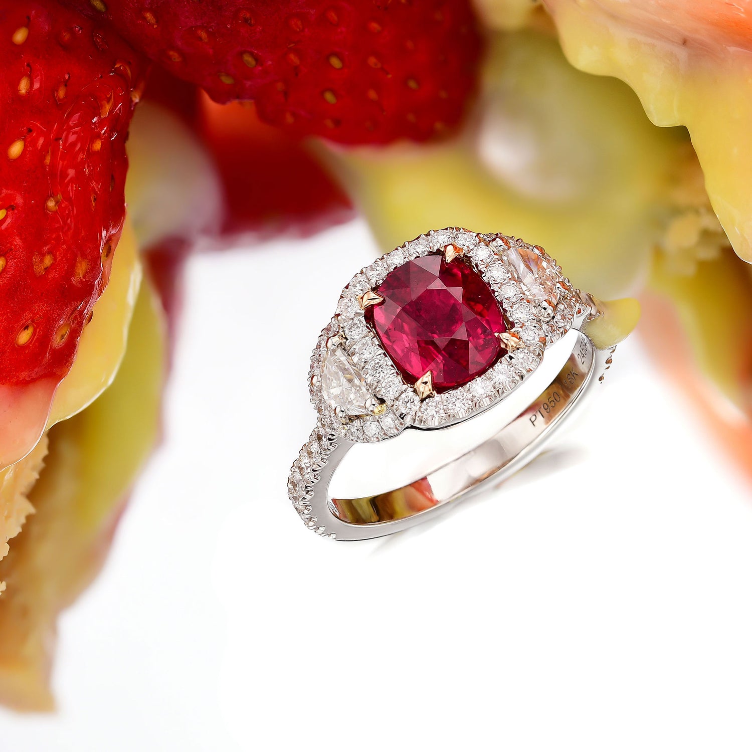 Red Mozambique Oval Ruby & Half-Moon Diamond Ring