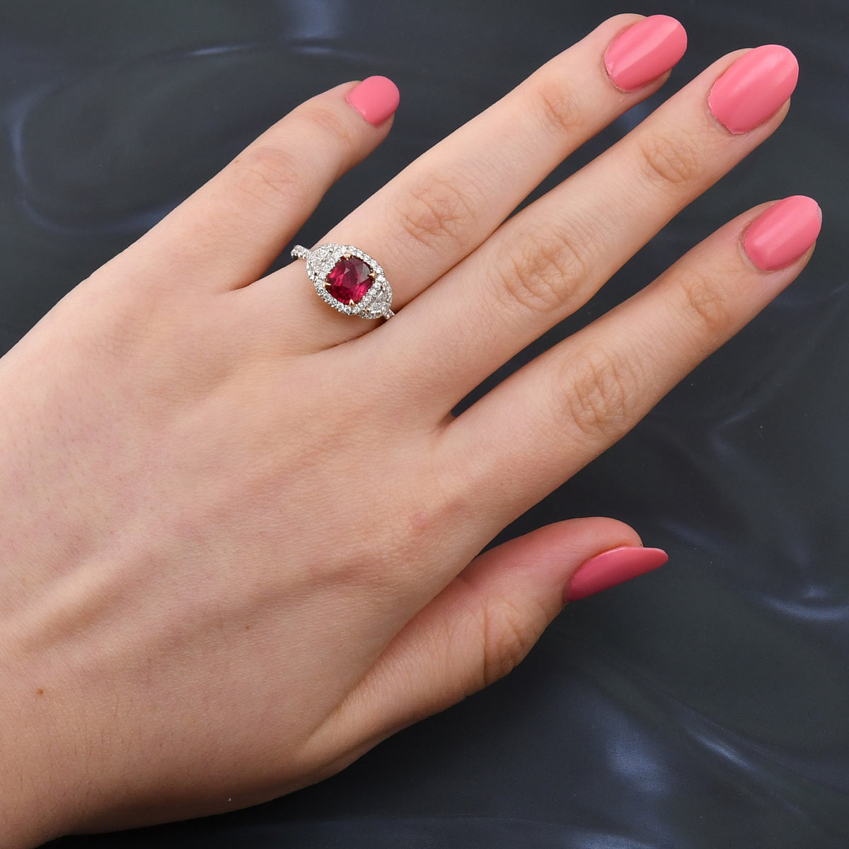 Red Mozambique Oval Ruby & Half-Moon Diamond Ring