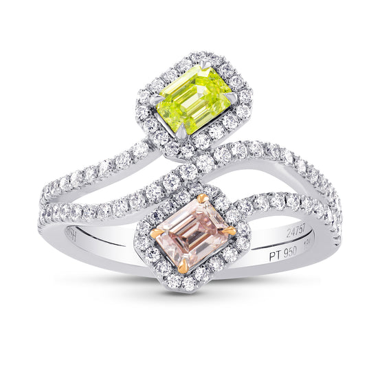 Argyle Pink & Green Yellow Diamond Cross-over Halo Ring
