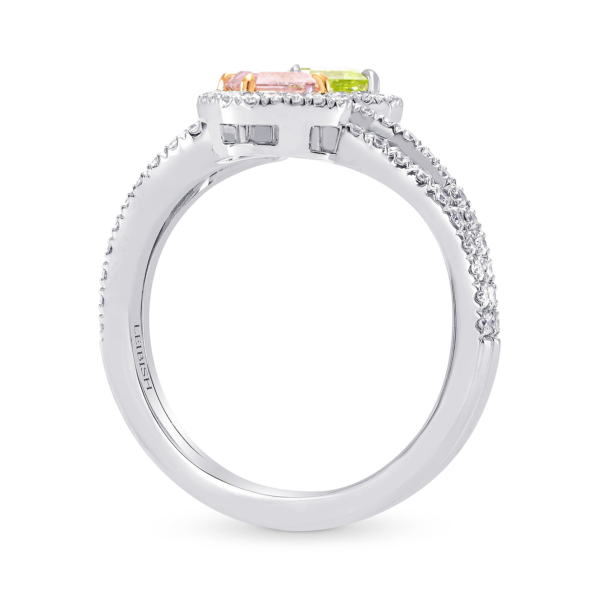 Argyle Pink & Green Yellow Diamond Cross-over Halo Ring