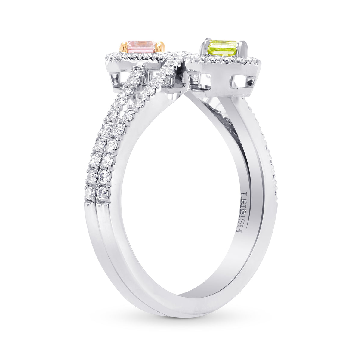 Argyle Pink & Green Yellow Diamond Cross-over Halo Ring