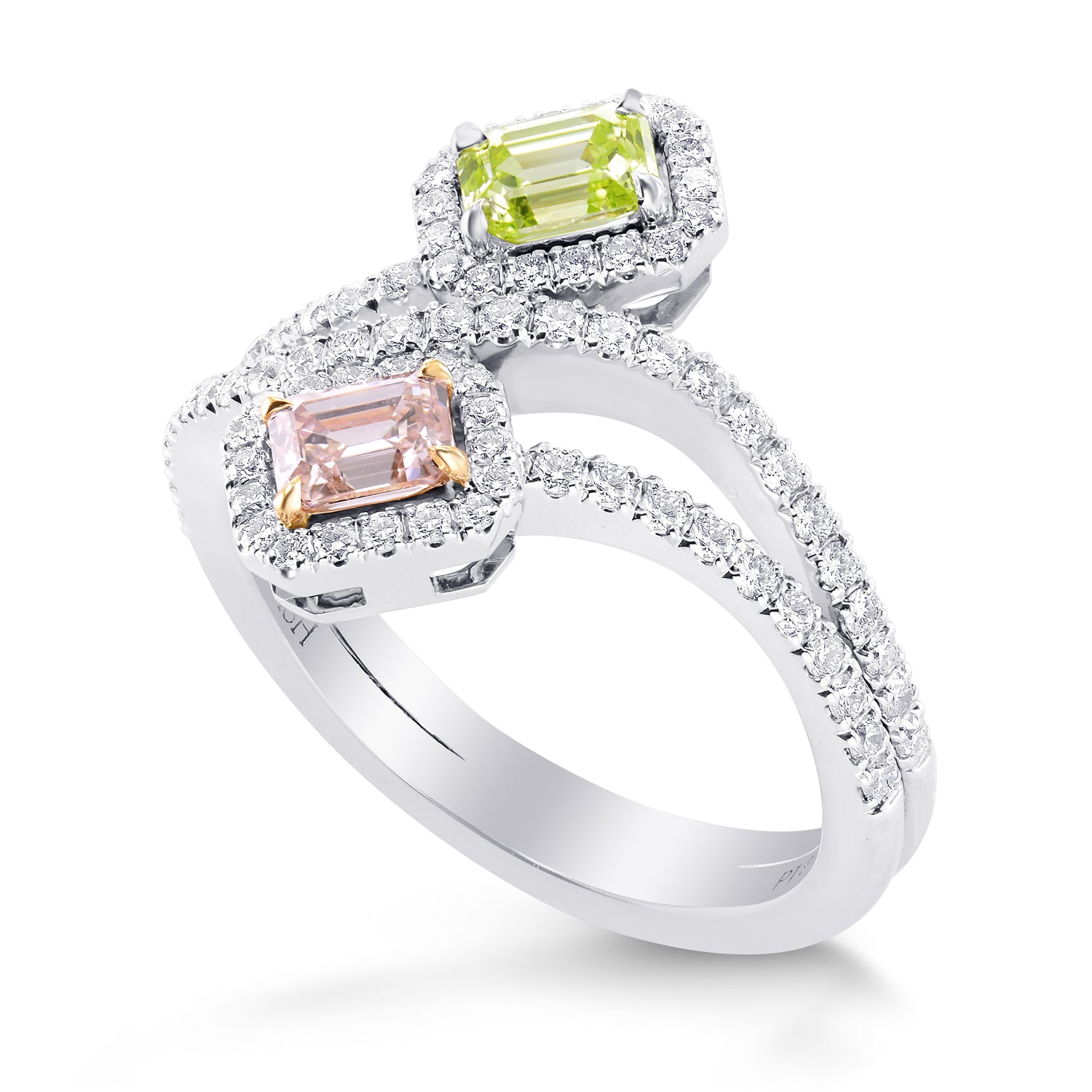 Argyle Pink & Green Yellow Diamond Cross-over Halo Ring