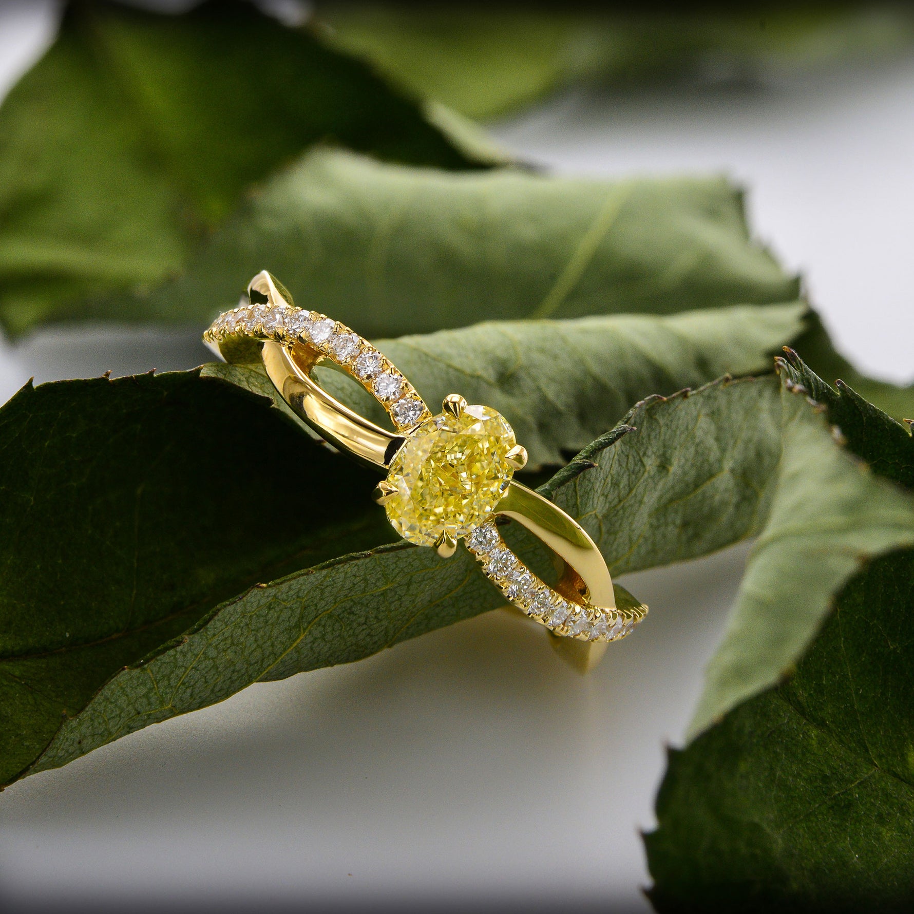 Fancy Light Yellow Oval Diamond Pave Braided Ring
