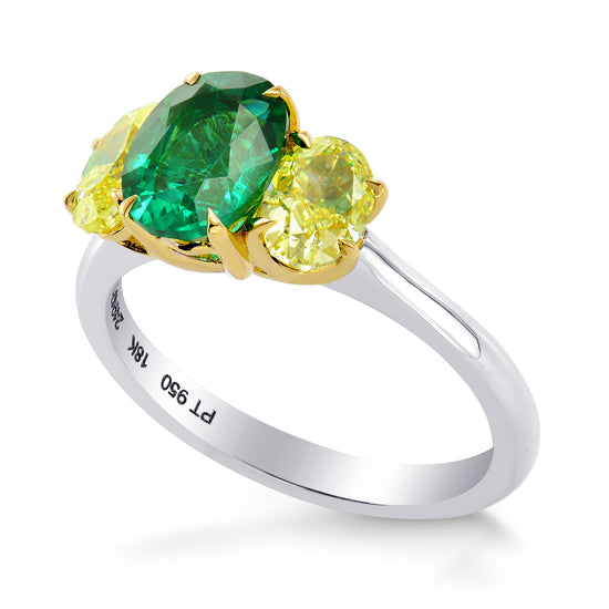Oval Green Emerald & Fancy Intense Yellow 3 Stones Ring
