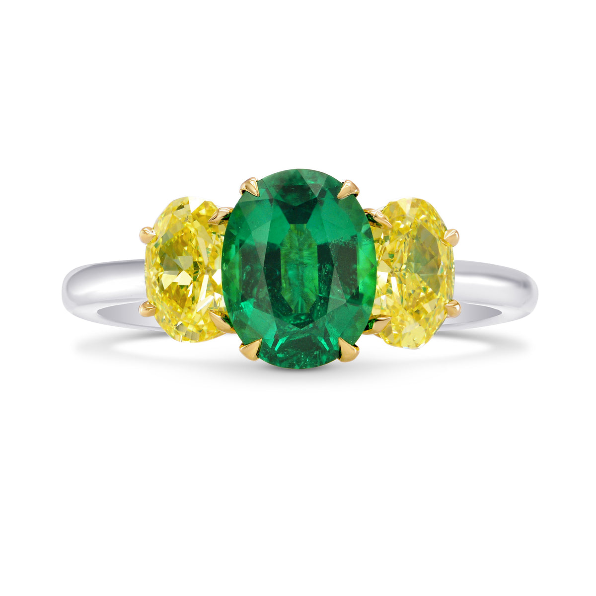 Oval Green Emerald & Fancy Intense Yellow 3 Stones Ring