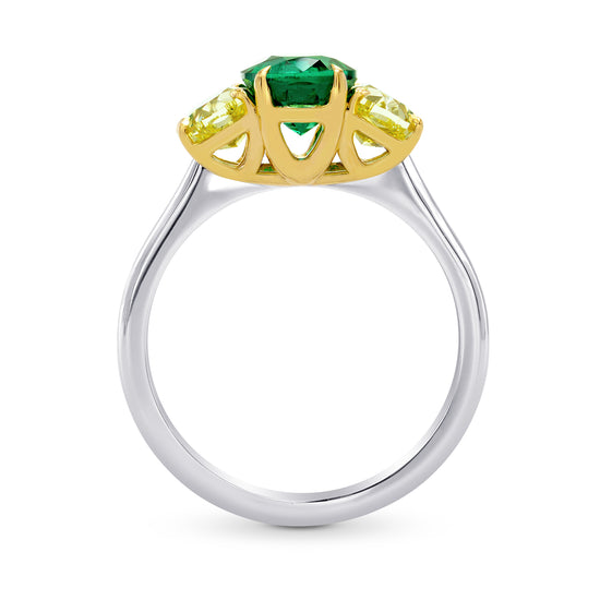Oval Green Emerald & Fancy Intense Yellow 3 Stones Ring