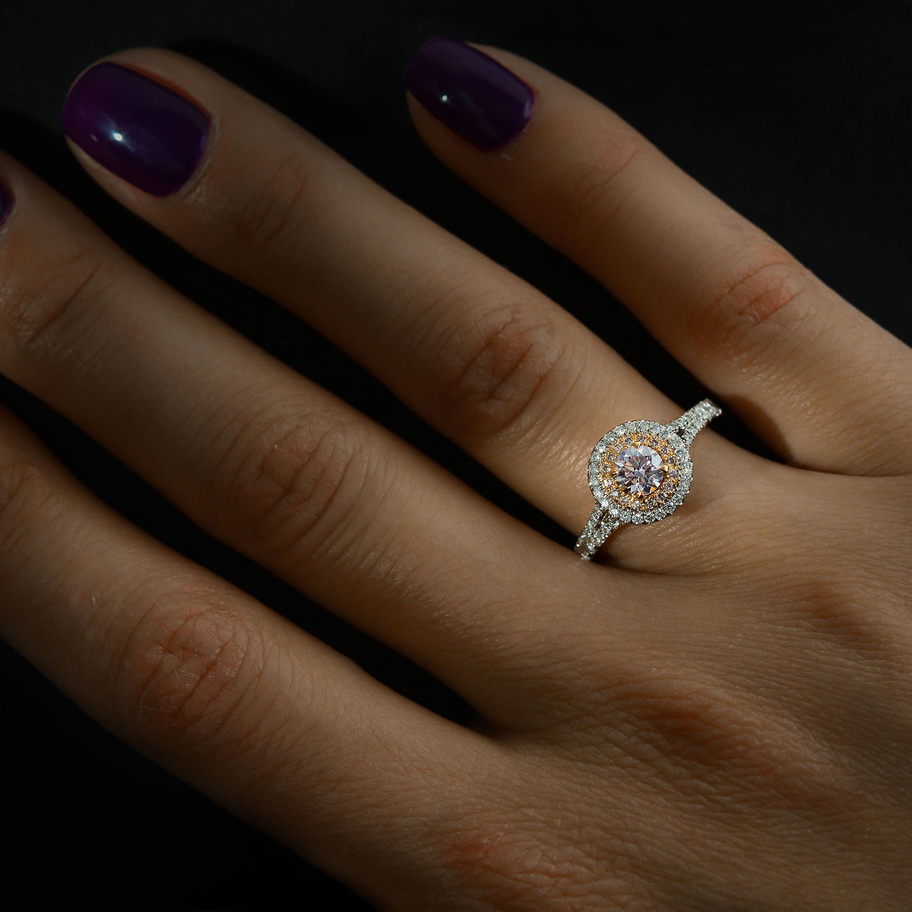 Round Light Pink Diamond Double Halo Ring