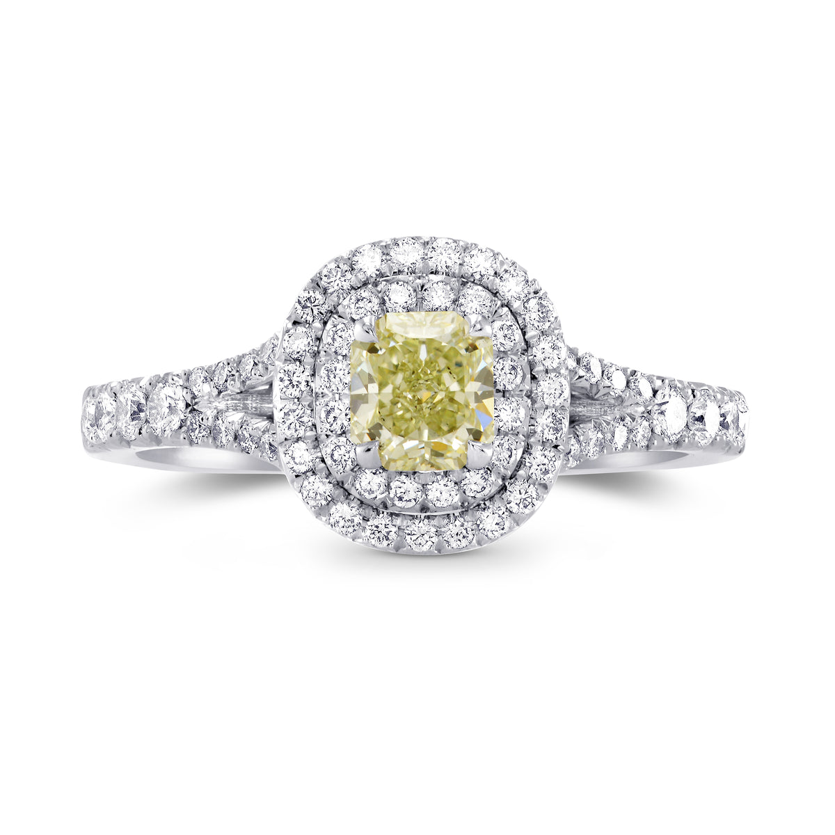 Light Yellow Green Radiant Diamond Halo Ring