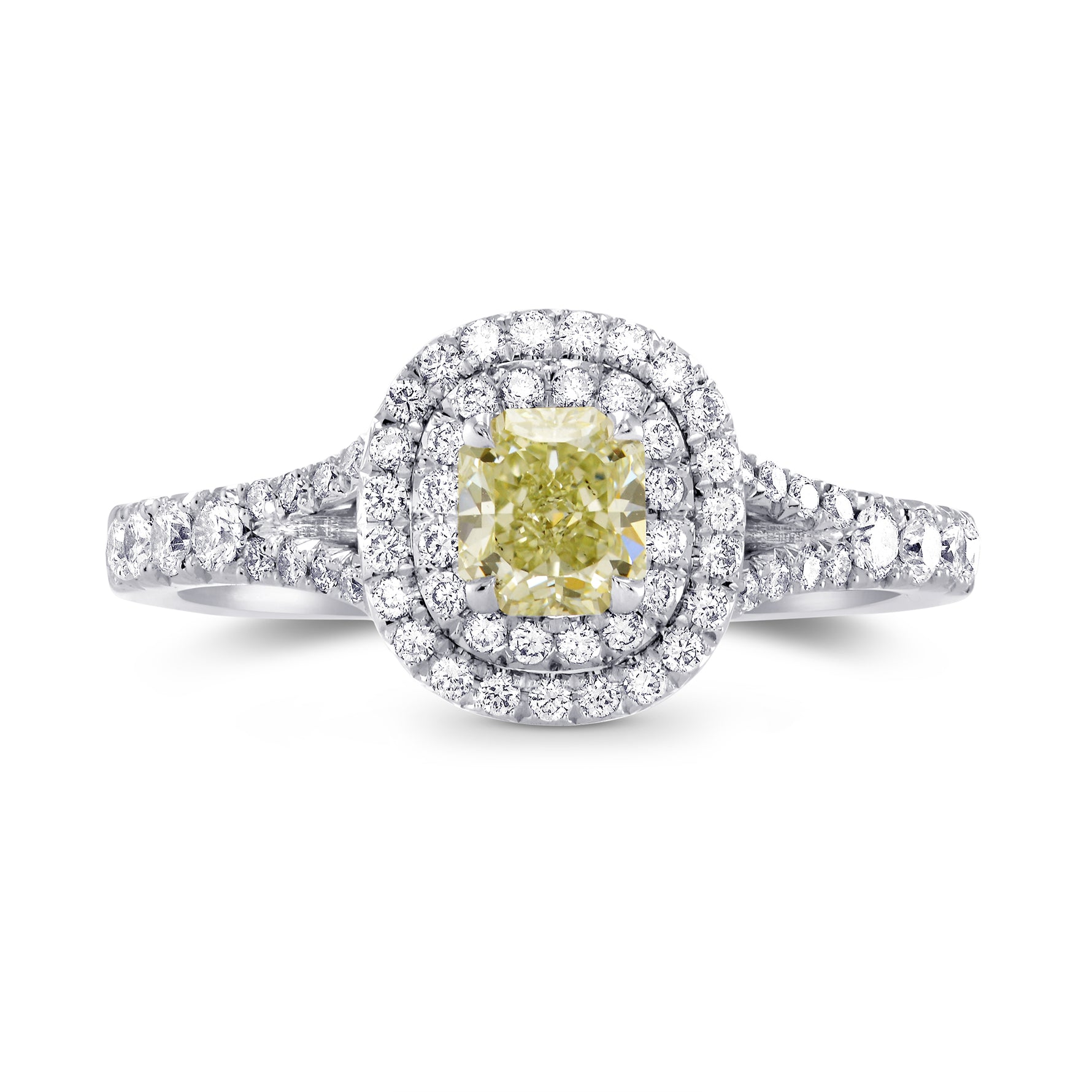 Light Yellow Green Radiant Diamond Halo Ring