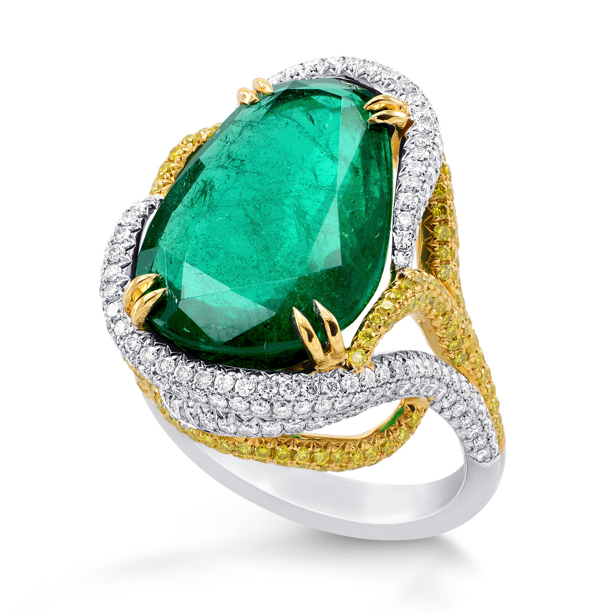 Emerald Antique Cut Pear & Yellow Diamond Designer Ring