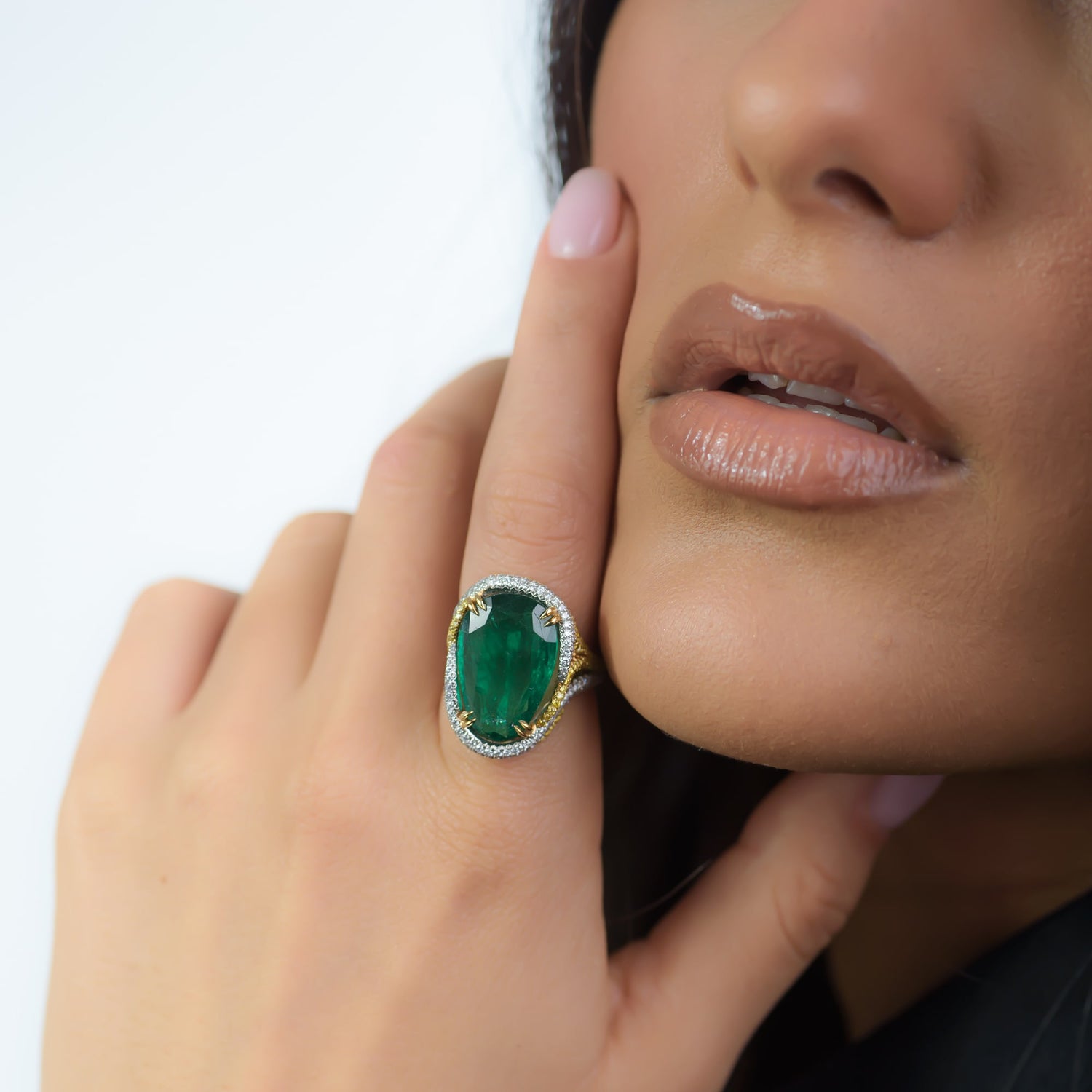 Emerald Antique Cut Pear & Yellow Diamond Designer Ring