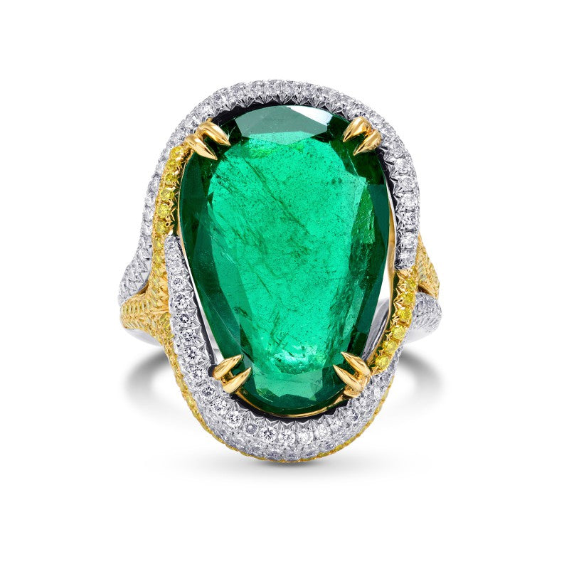 Emerald Antique Cut Pear & Yellow Diamond Designer Ring
