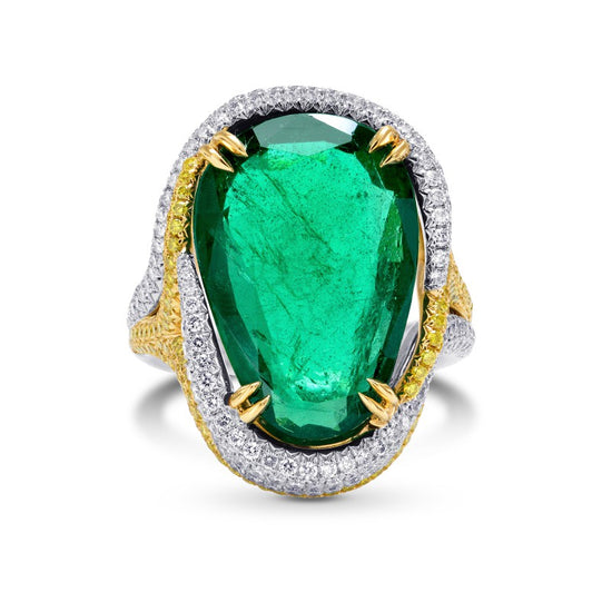 Emerald Antique Cut Pear & Yellow Diamond Designer Ring