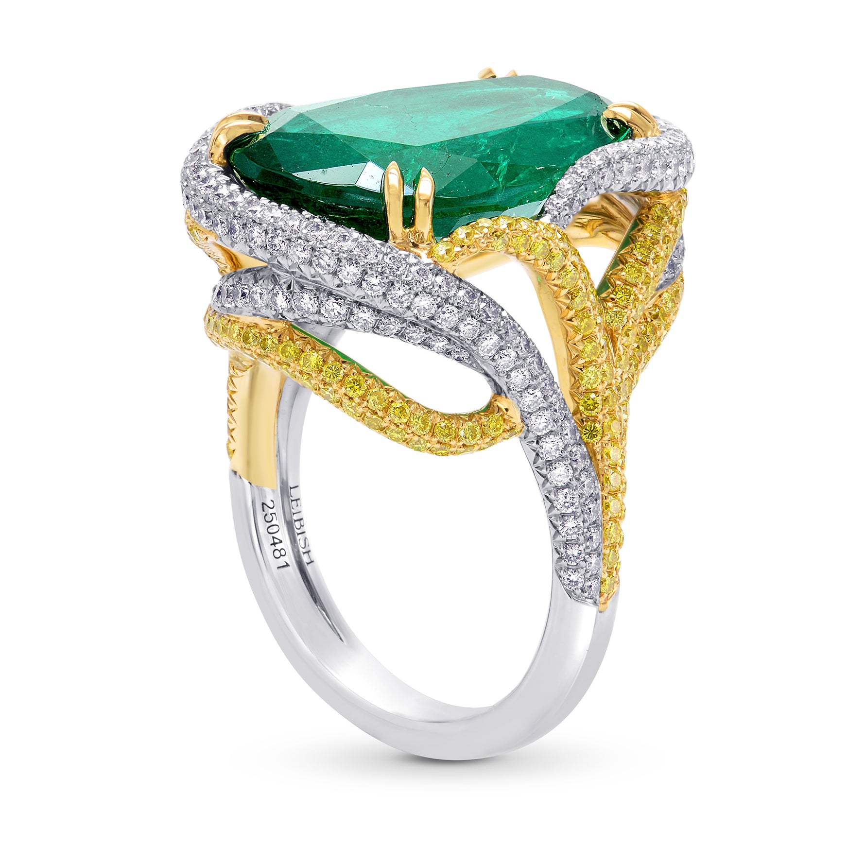 Emerald Antique Cut Pear & Yellow Diamond Designer Ring