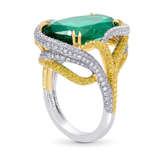 Emerald Antique Cut Pear & Yellow Diamond Designer Ring