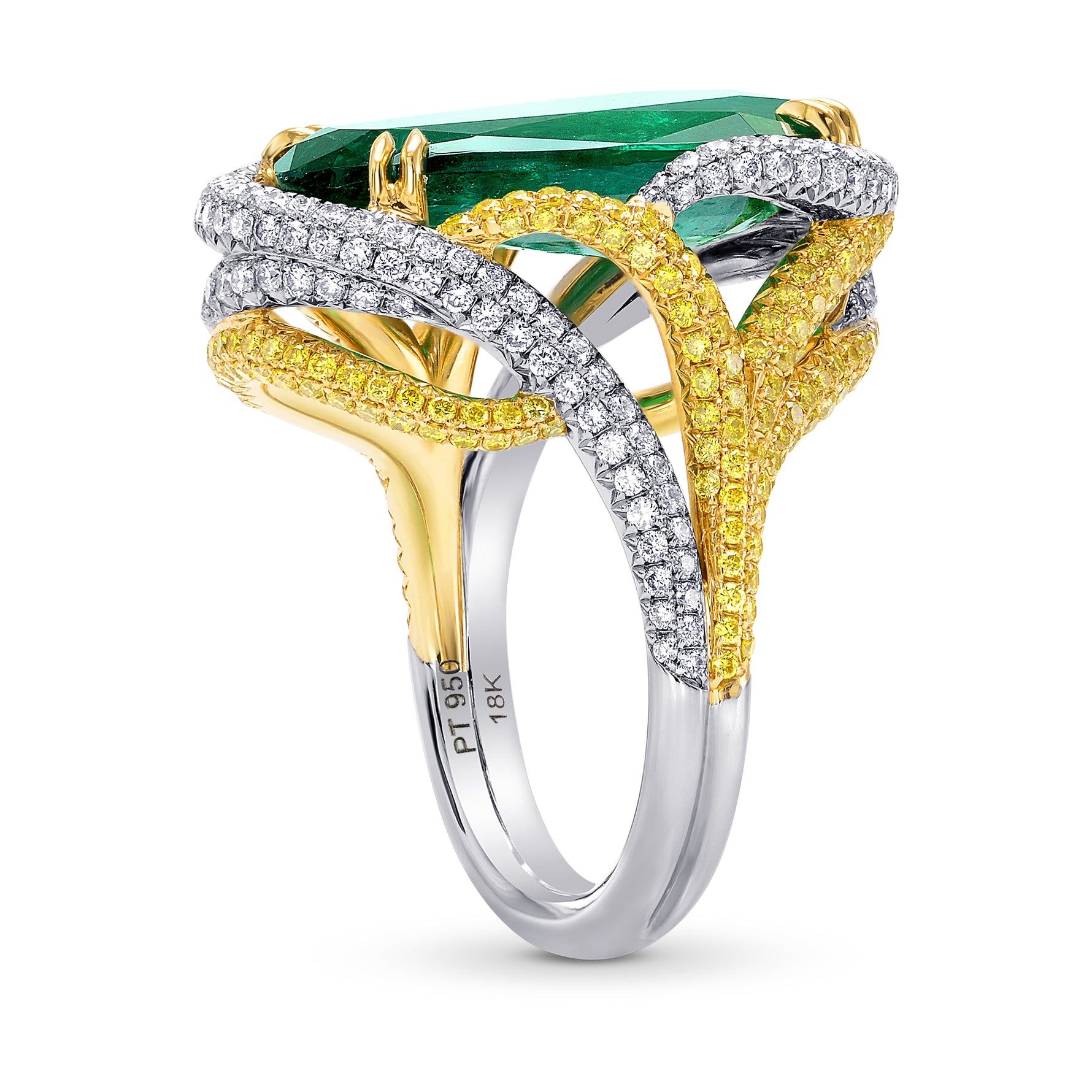 Emerald Antique Cut Pear & Yellow Diamond Designer Ring