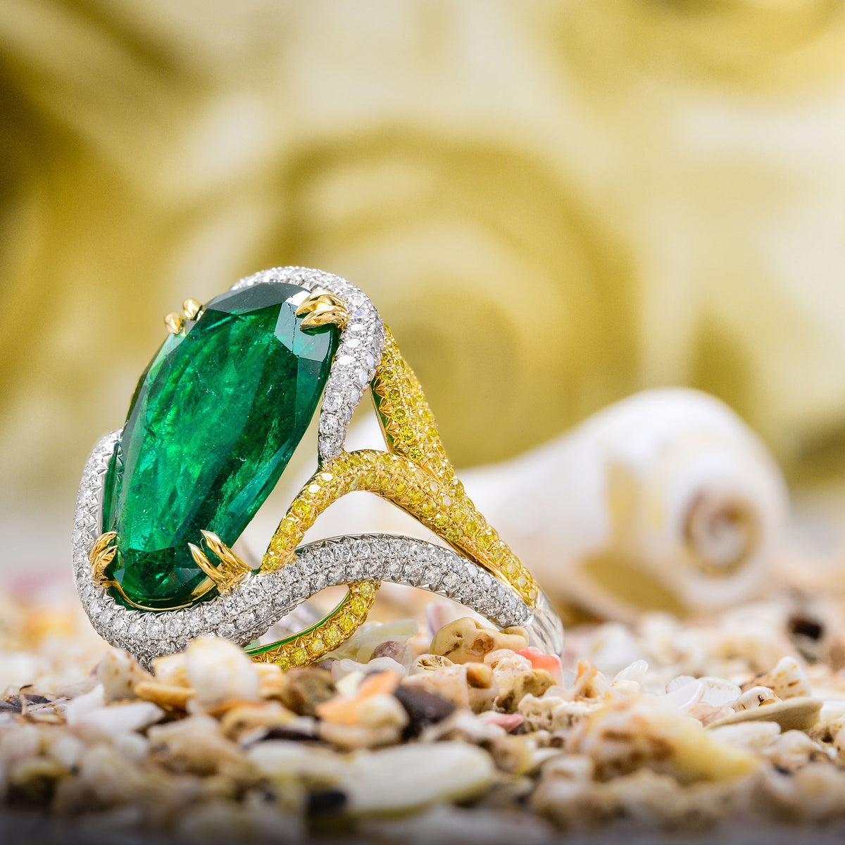 Emerald Antique Cut Pear & Yellow Diamond Designer Ring