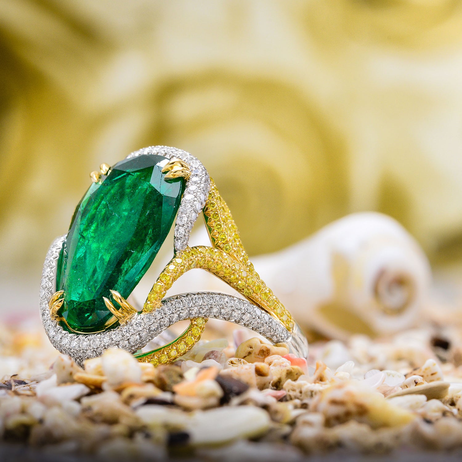 Emerald Antique Cut Pear & Yellow Diamond Designer Ring