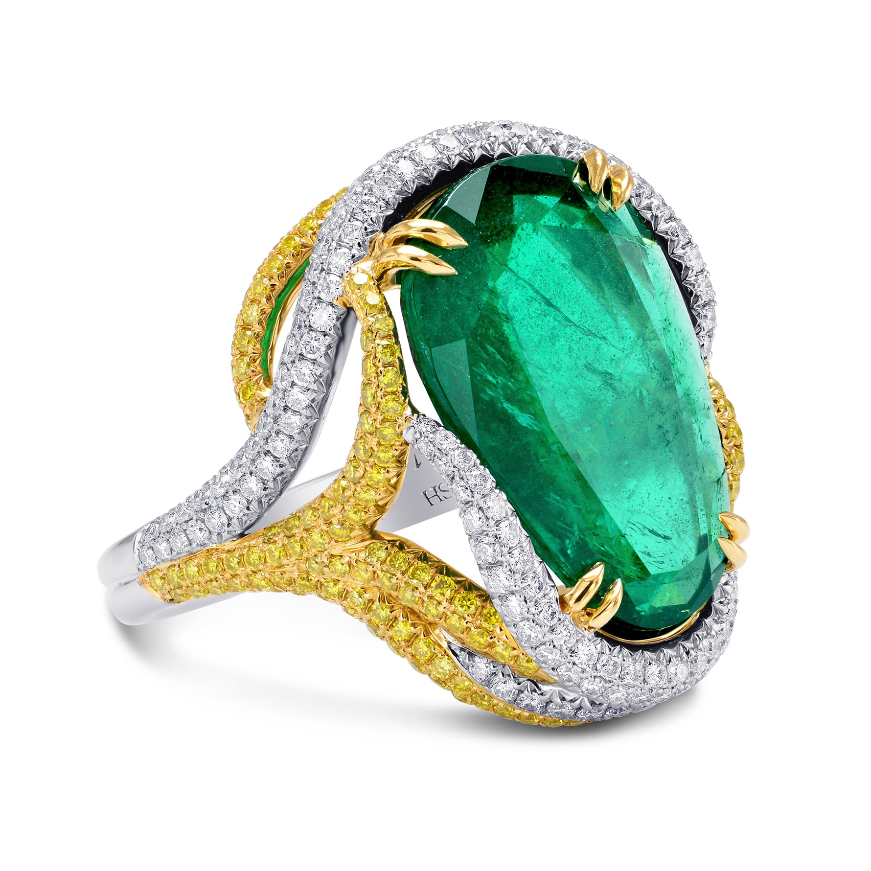 Emerald Antique Cut Pear & Yellow Diamond Designer Ring