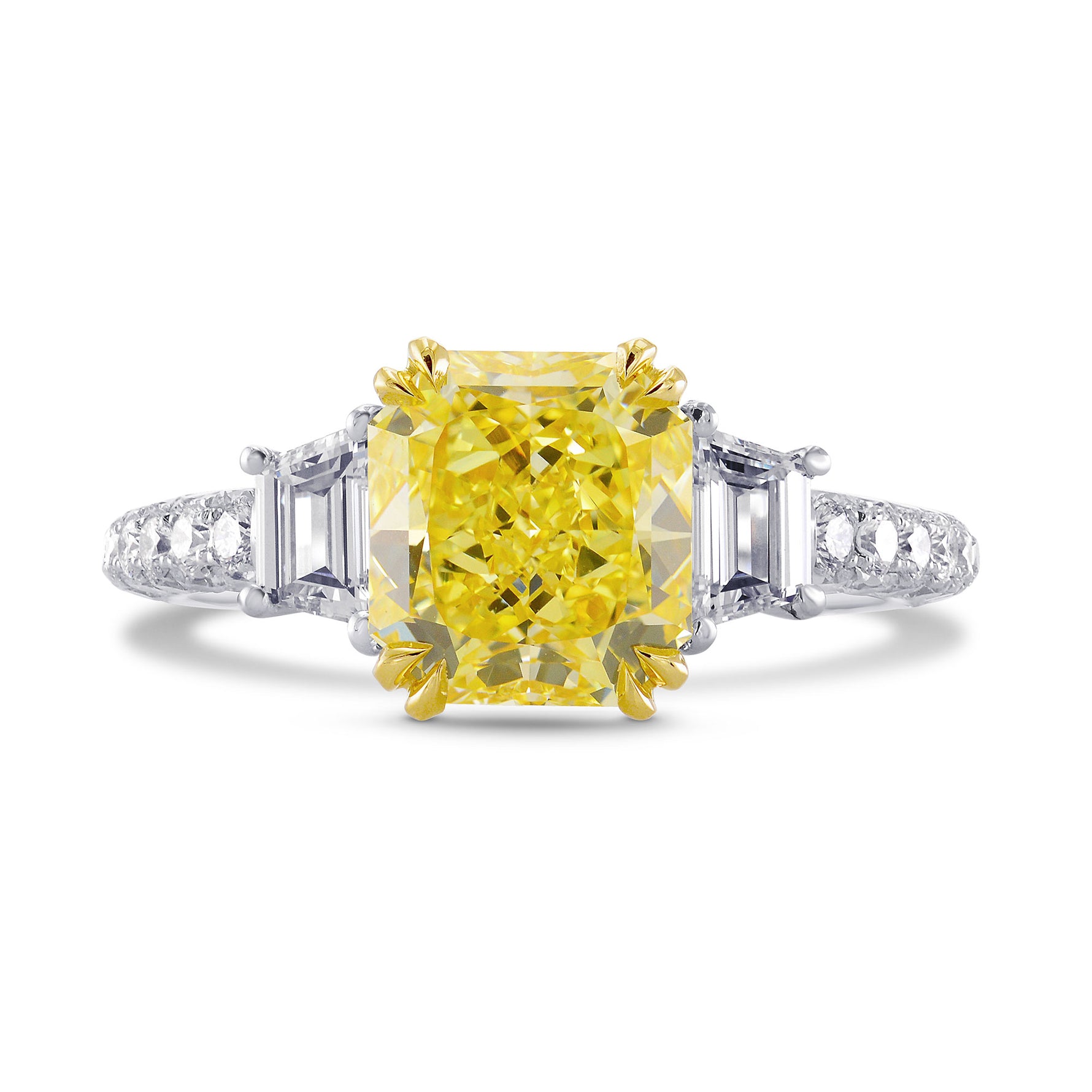 Fancy Intense Yellow Radiant & Stepcut 3 Stone Diamond Ring