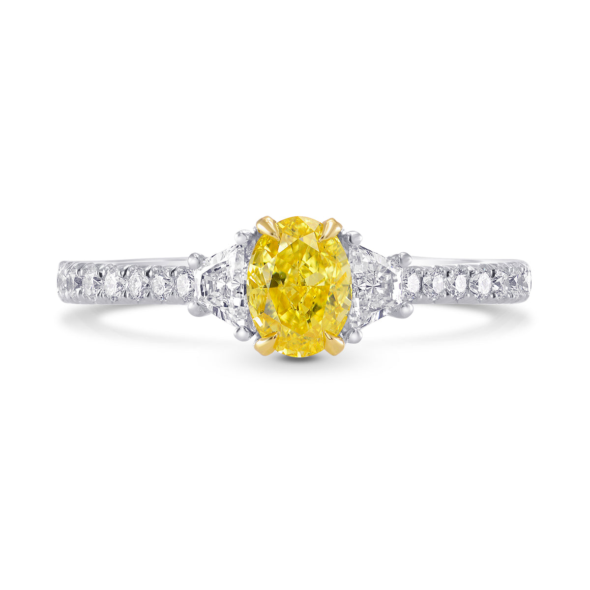 Fancy Vivid Yellow, Oval & Trapezoid Diamond Ring