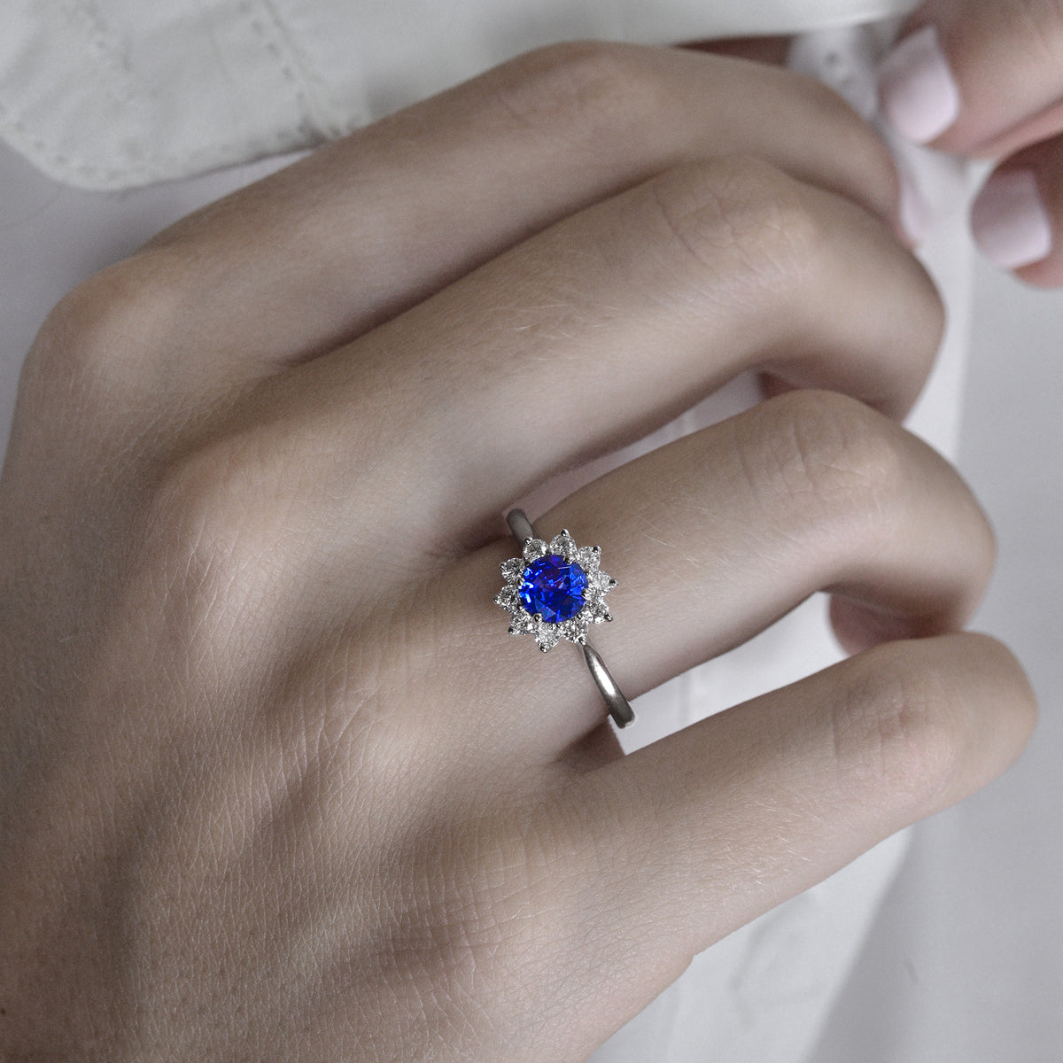 Round Sapphire & Diamond Halo Dress Ring