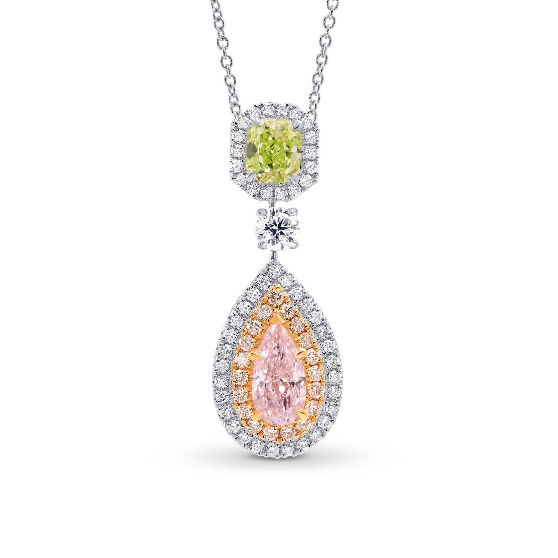 Pink Pear & Green Radiant Diamond Drop Halo Pendant