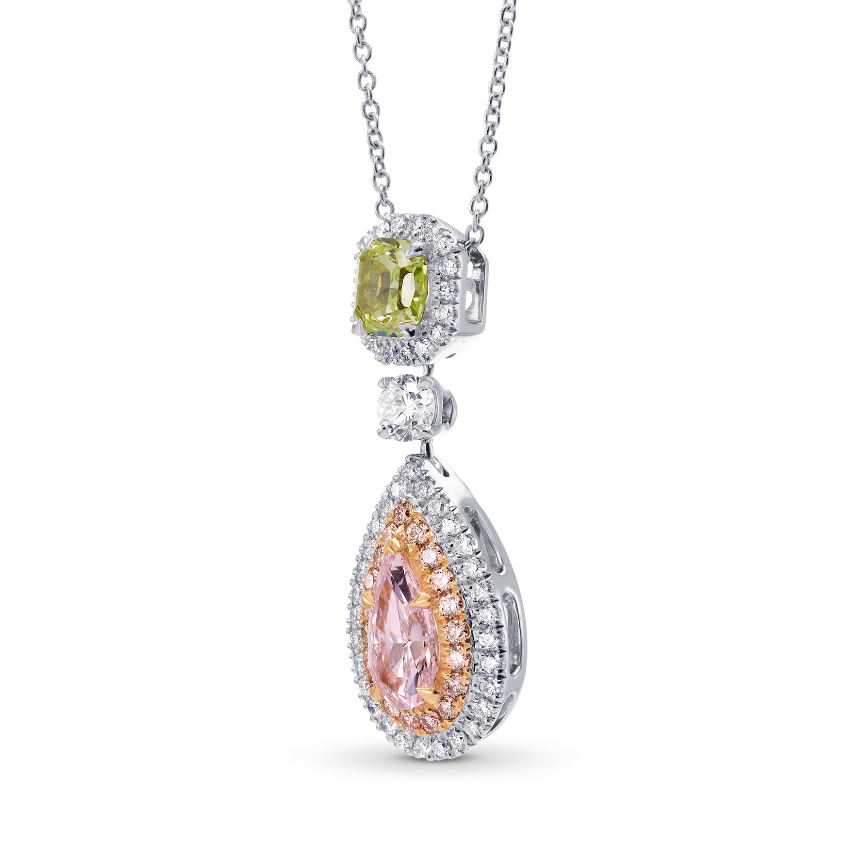 Pink Pear & Green Radiant Diamond Drop Halo Pendant