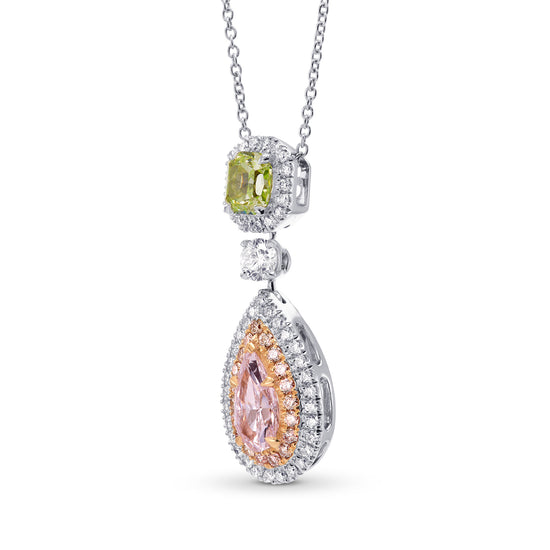 Pink Pear & Green Radiant Diamond Drop Halo Pendant