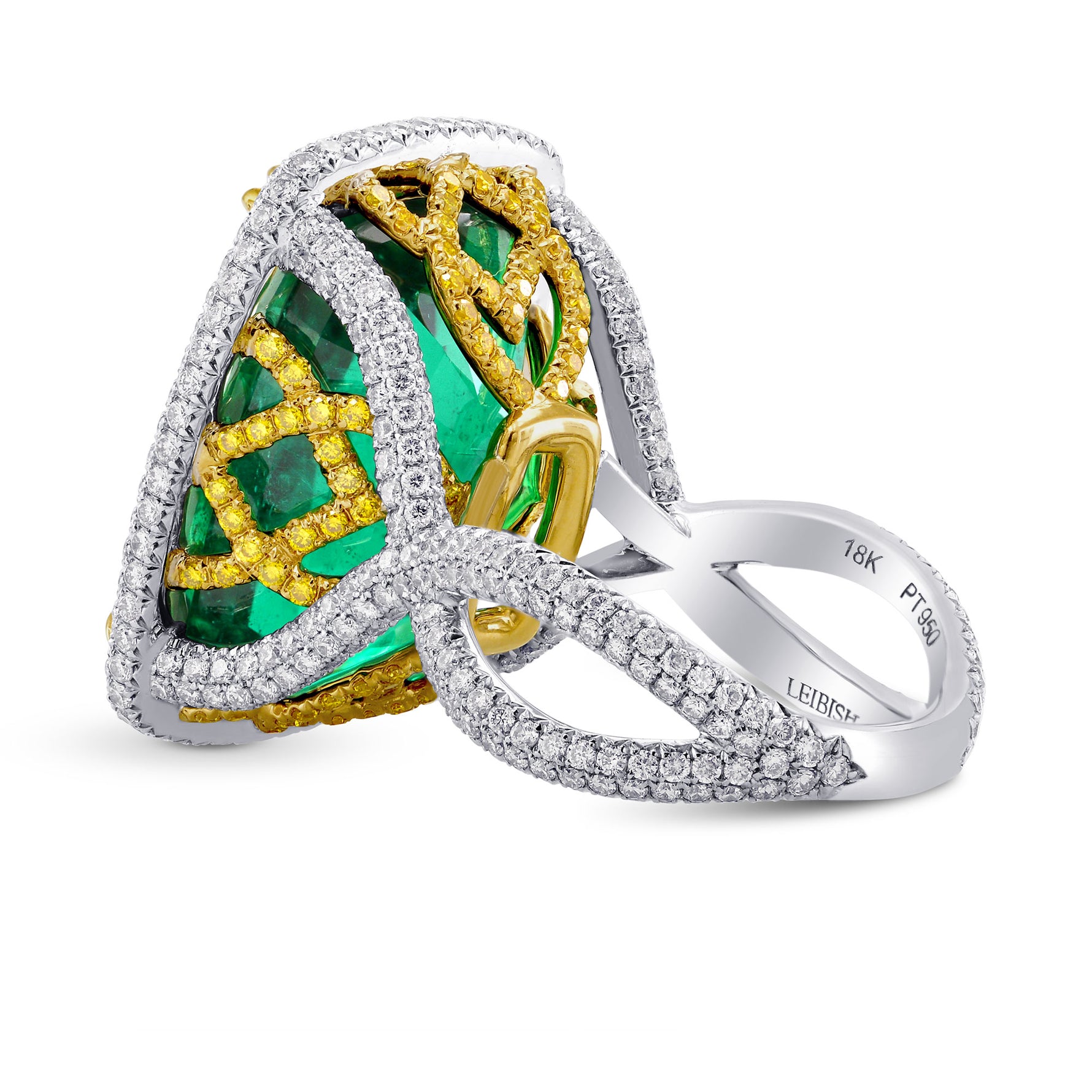 Extraordinary Emerald Cushion Ring with Vivid Yellow Diamonds