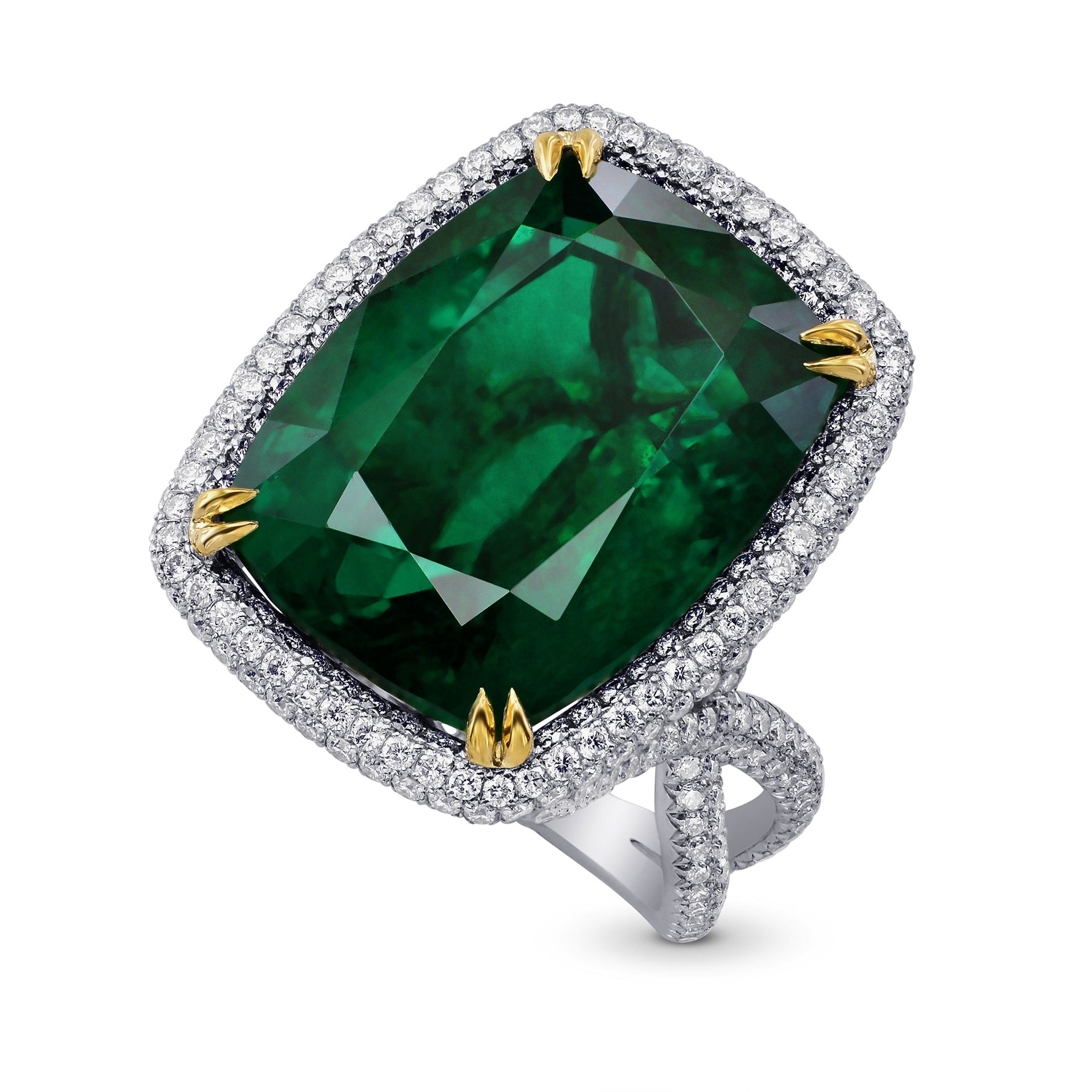 Extraordinary Emerald Cushion Ring with Vivid Yellow Diamonds
