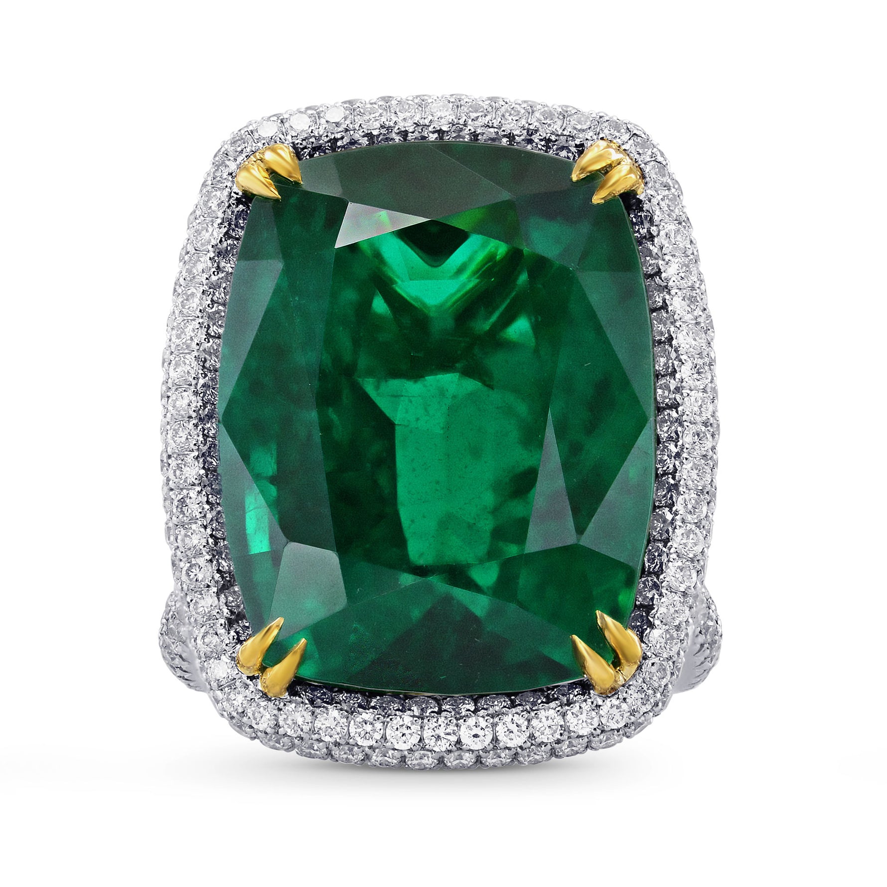 Extraordinary Emerald Cushion Ring with Vivid Yellow Diamonds