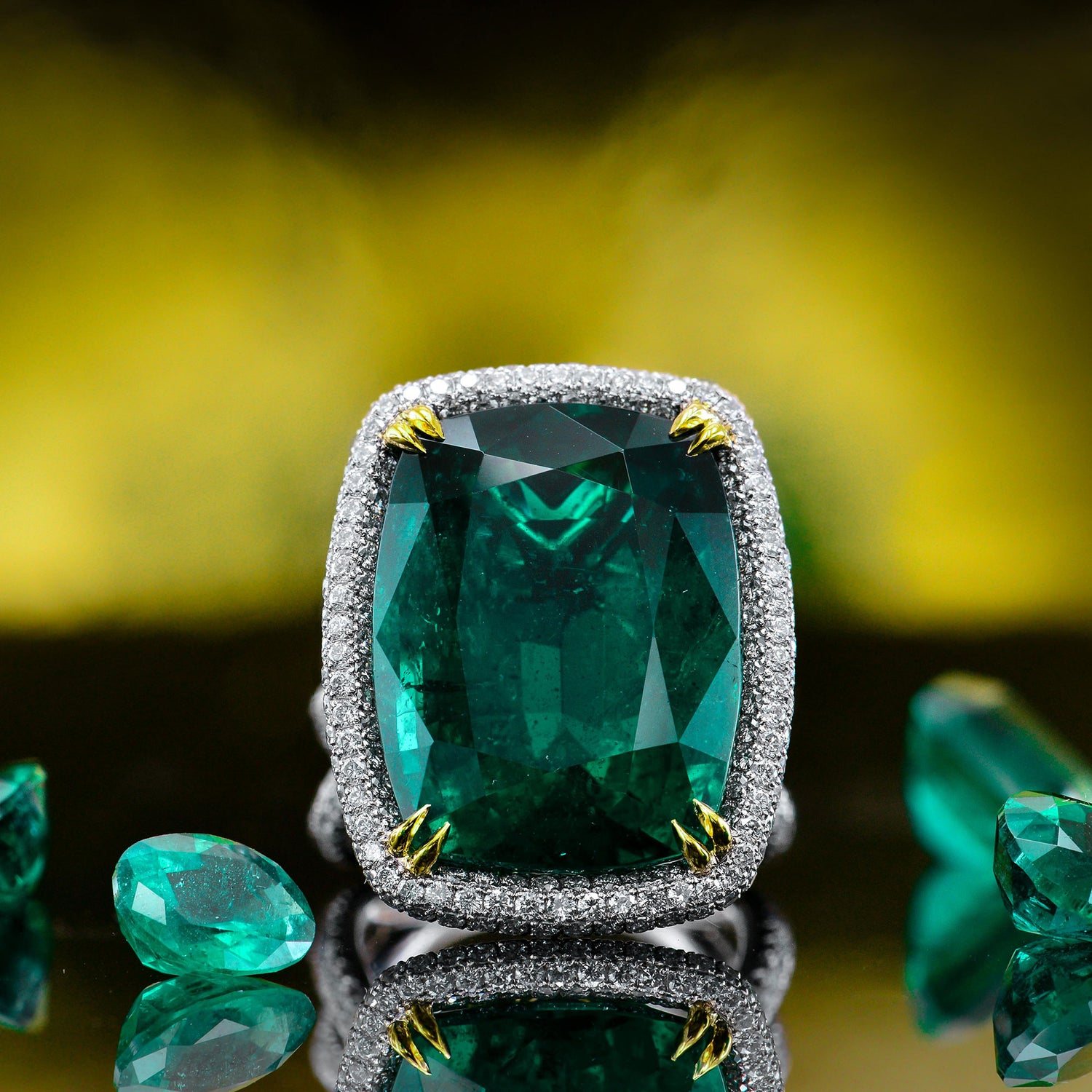 Extraordinary Emerald Cushion Ring with Vivid Yellow Diamonds