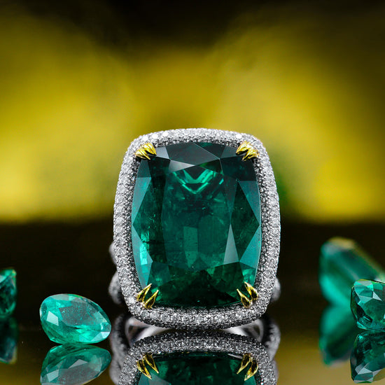 Extraordinary Emerald Cushion Ring with Vivid Yellow Diamonds