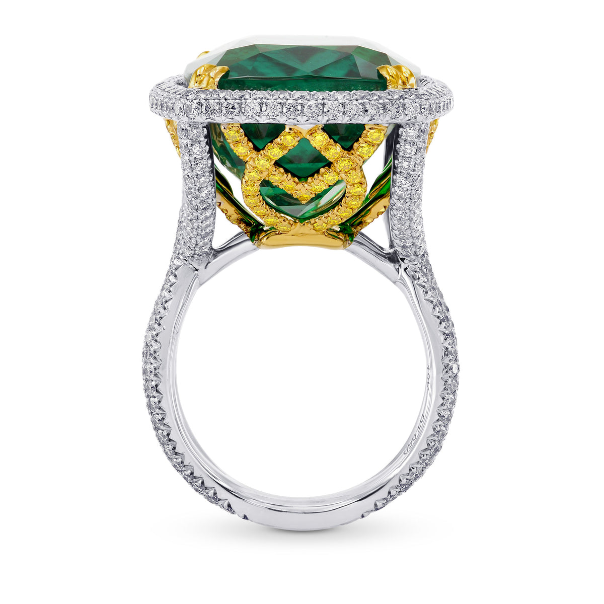 Extraordinary Emerald Cushion Ring with Vivid Yellow Diamonds