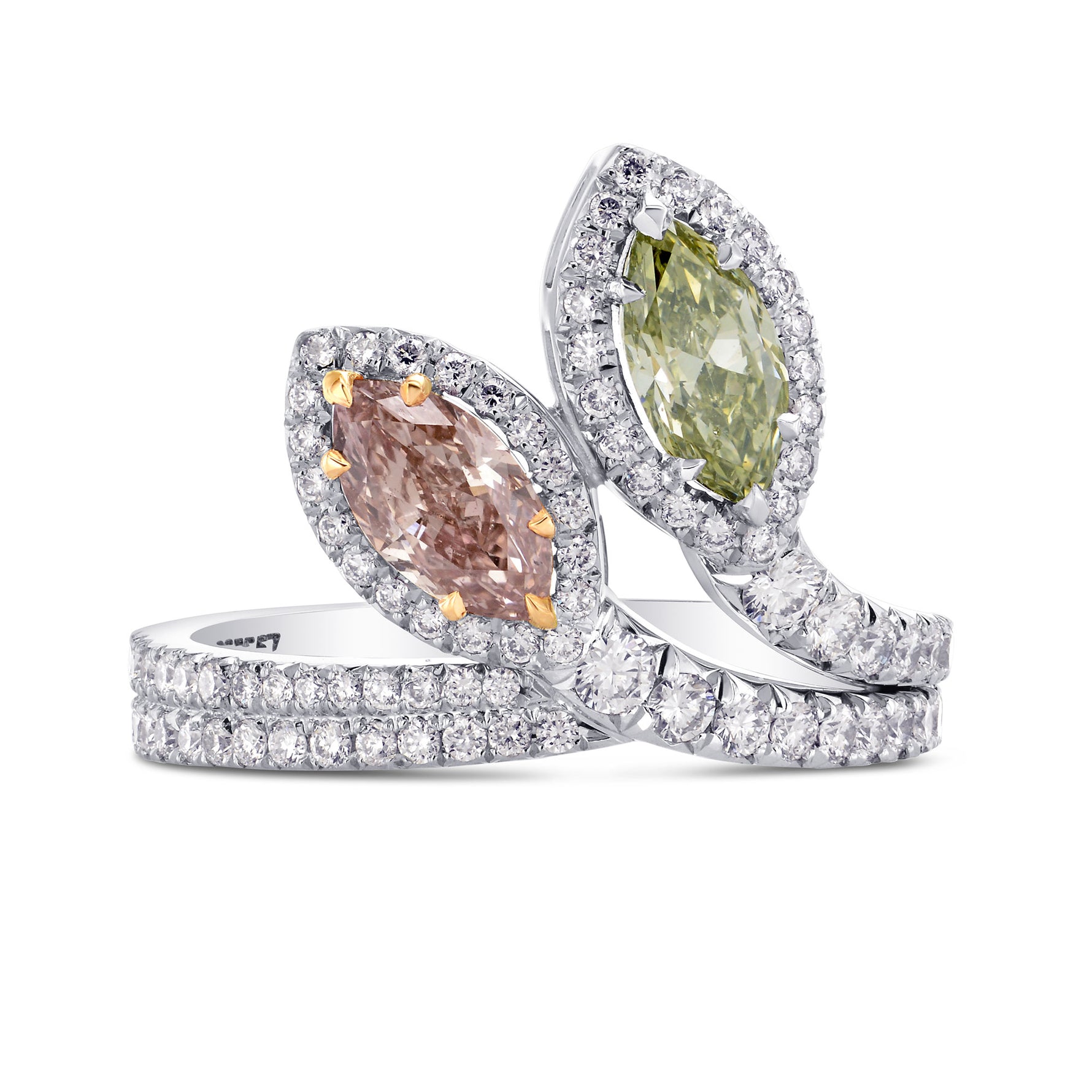 Extraordinary Pink & Green Marquise 2 Stone Diamond Ring