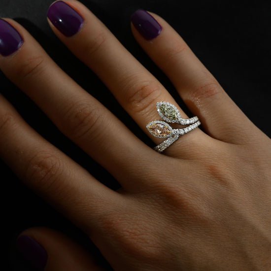 Extraordinary Pink & Green Marquise 2 Stone Diamond Ring