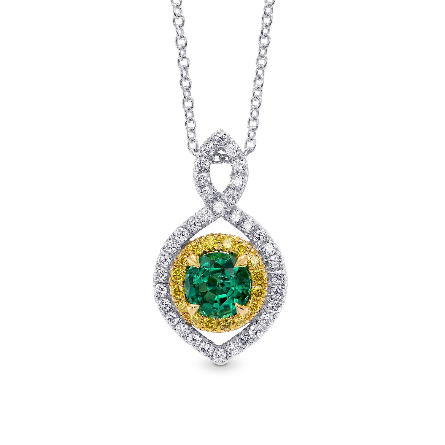 Round Green Emerald and Yellow Diamond Drop Pendant