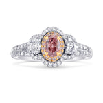 Argyle Fancy Intense Pink Oval Diamond 3 Stone Halo Ring