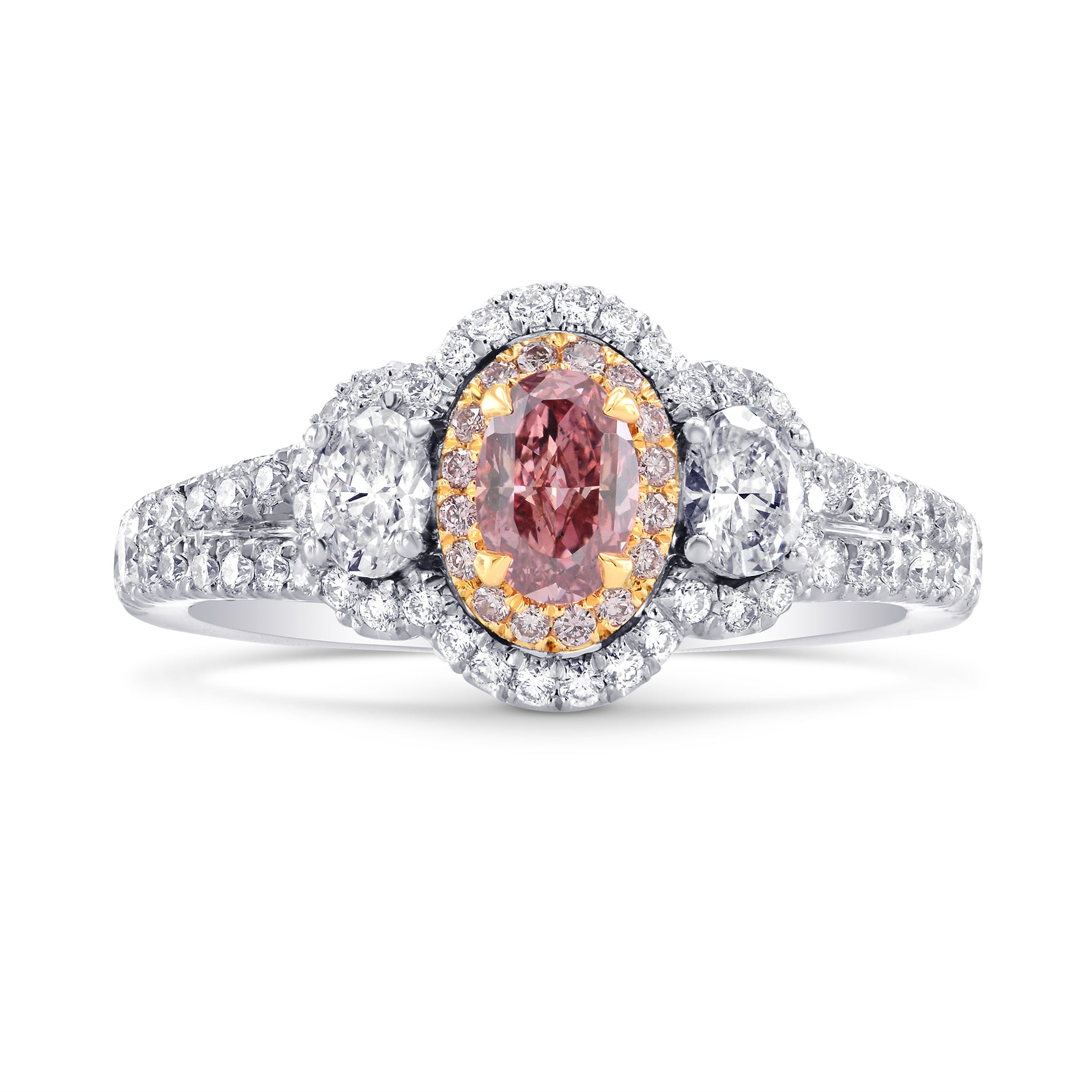Argyle Fancy Intense Pink Oval Diamond 3 Stone Halo Ring