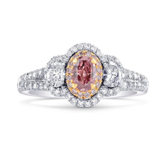 Argyle Fancy Intense Pink Oval Diamond 3 Stone Halo Ring