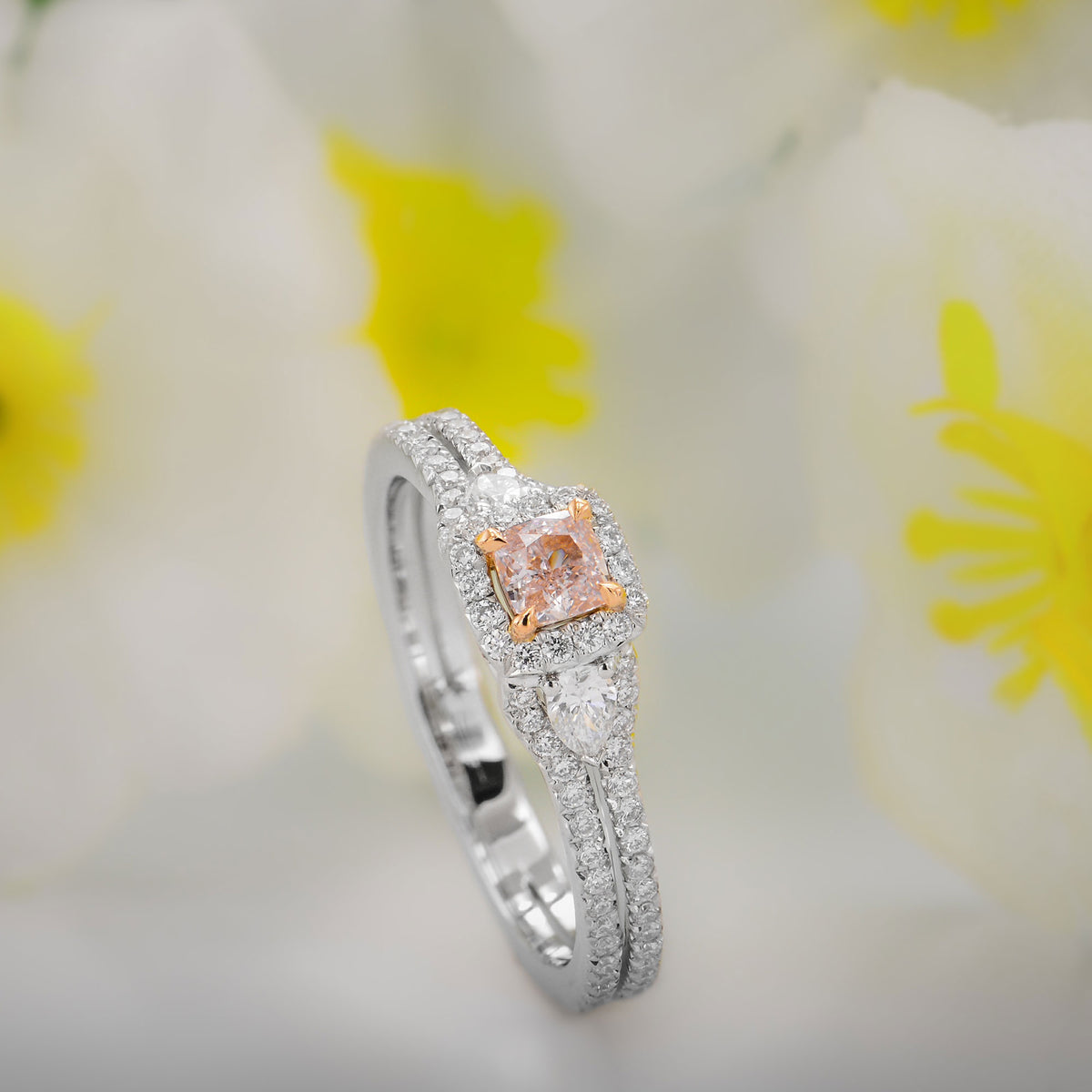 Fancy Light Pink Cushion & Pear Diamond Ring