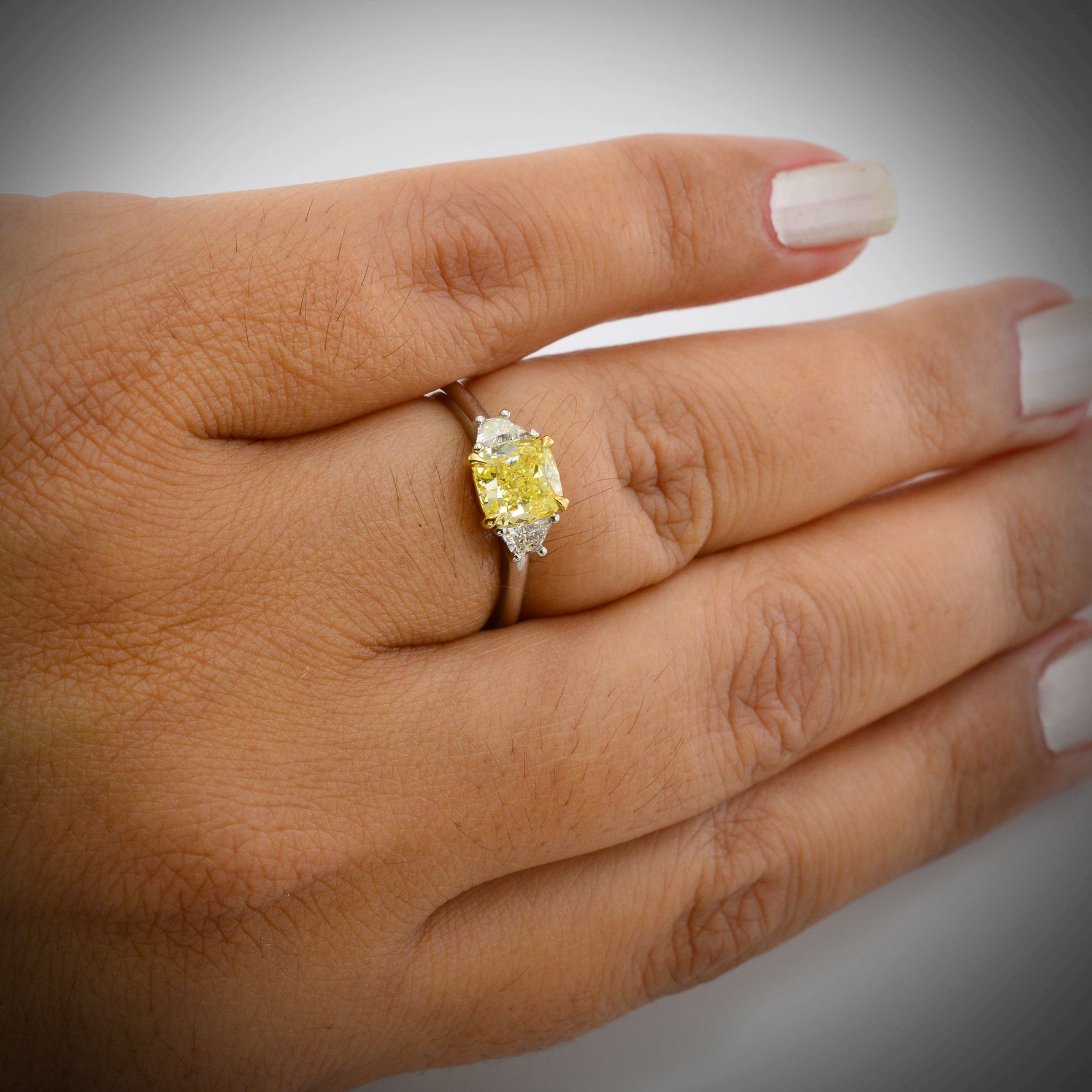 Fancy Yellow Cushion & Trapezoid Diamond 3 Stone Ring
