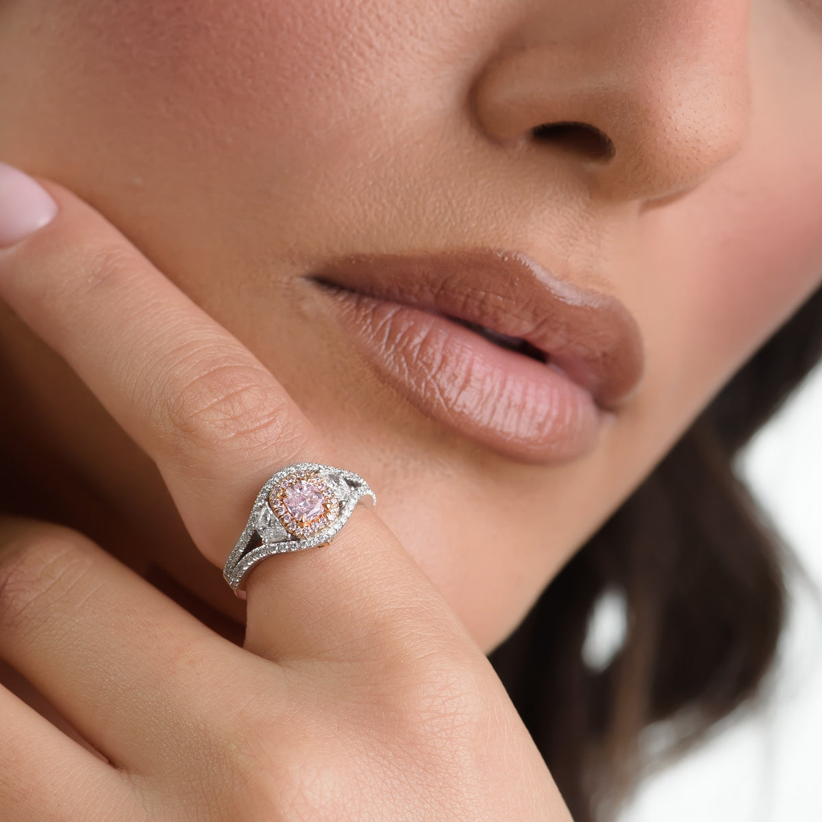 Fancy Light Purplish Pink Diamond Double Halo Side Stone Ring