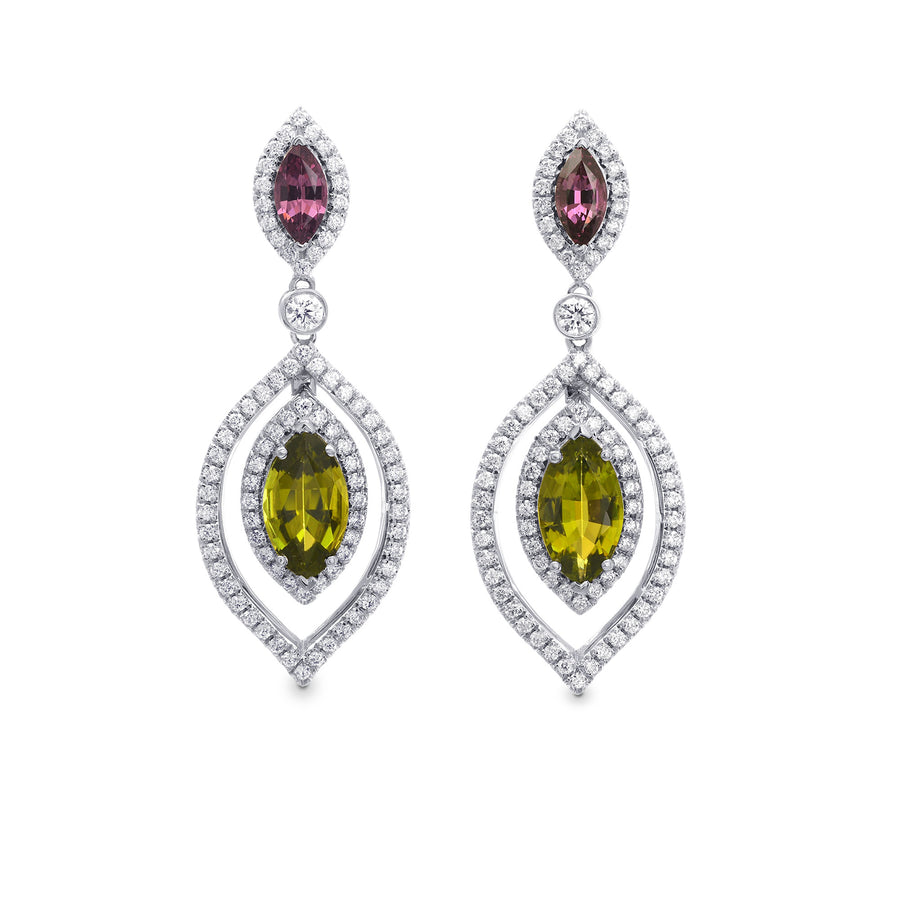 Tsavorite, Tourmaline & Diamond Drop Earrings