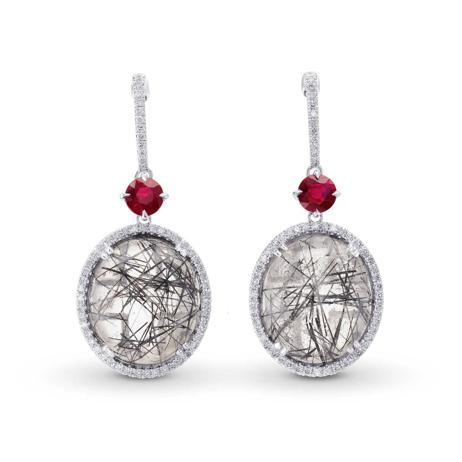 Needle Tourmaline, Ruby & Diamond Drop Earrings
