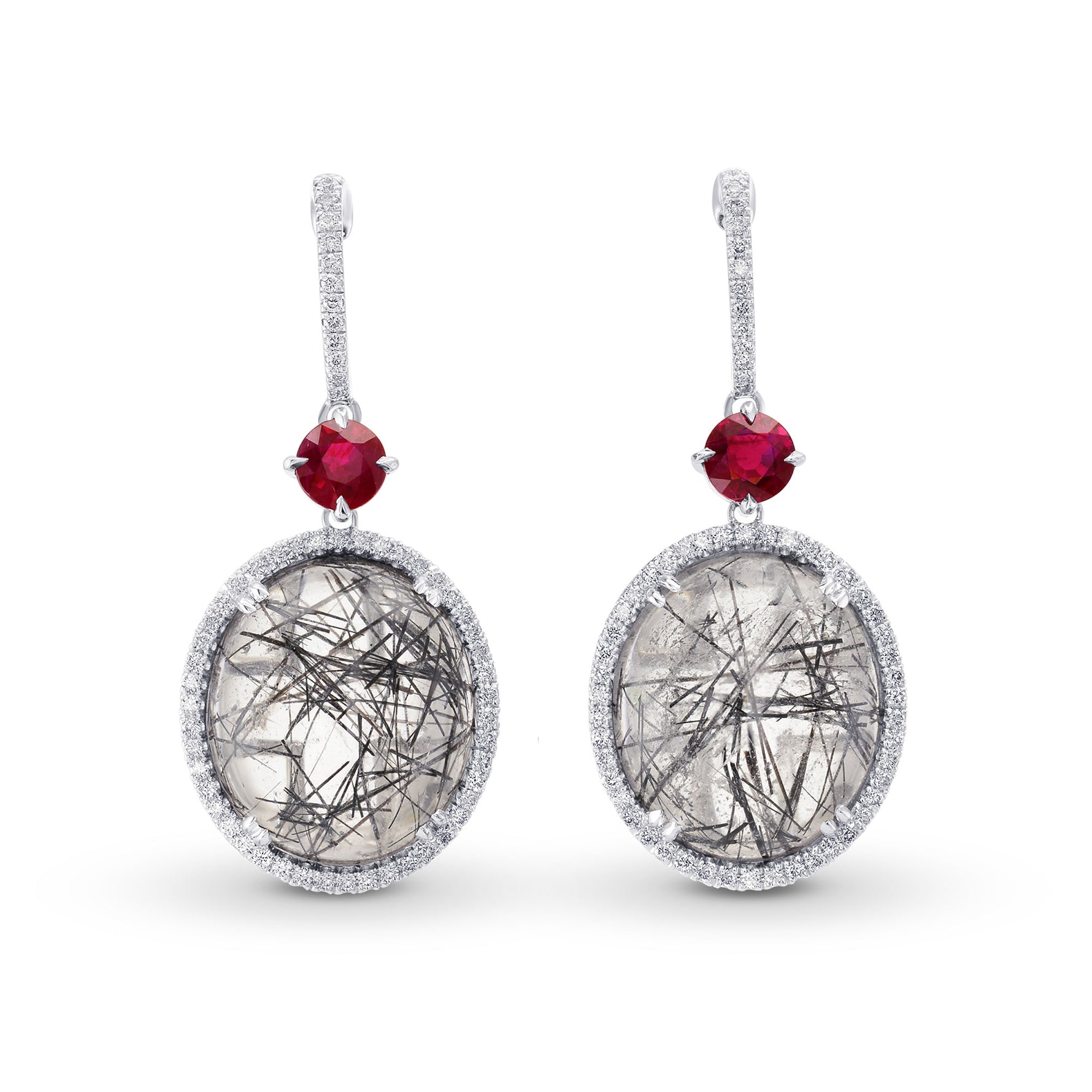 Needle Tourmaline, Ruby & Diamond Drop Earrings