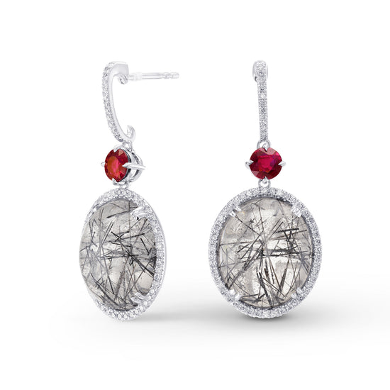 Needle Tourmaline, Ruby & Diamond Drop Earrings