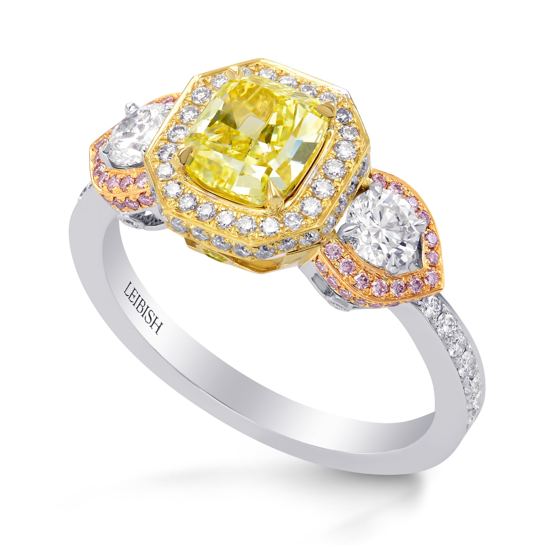 Custom-made Fancy Intense Yellow, Pink & White Diamond Ring
